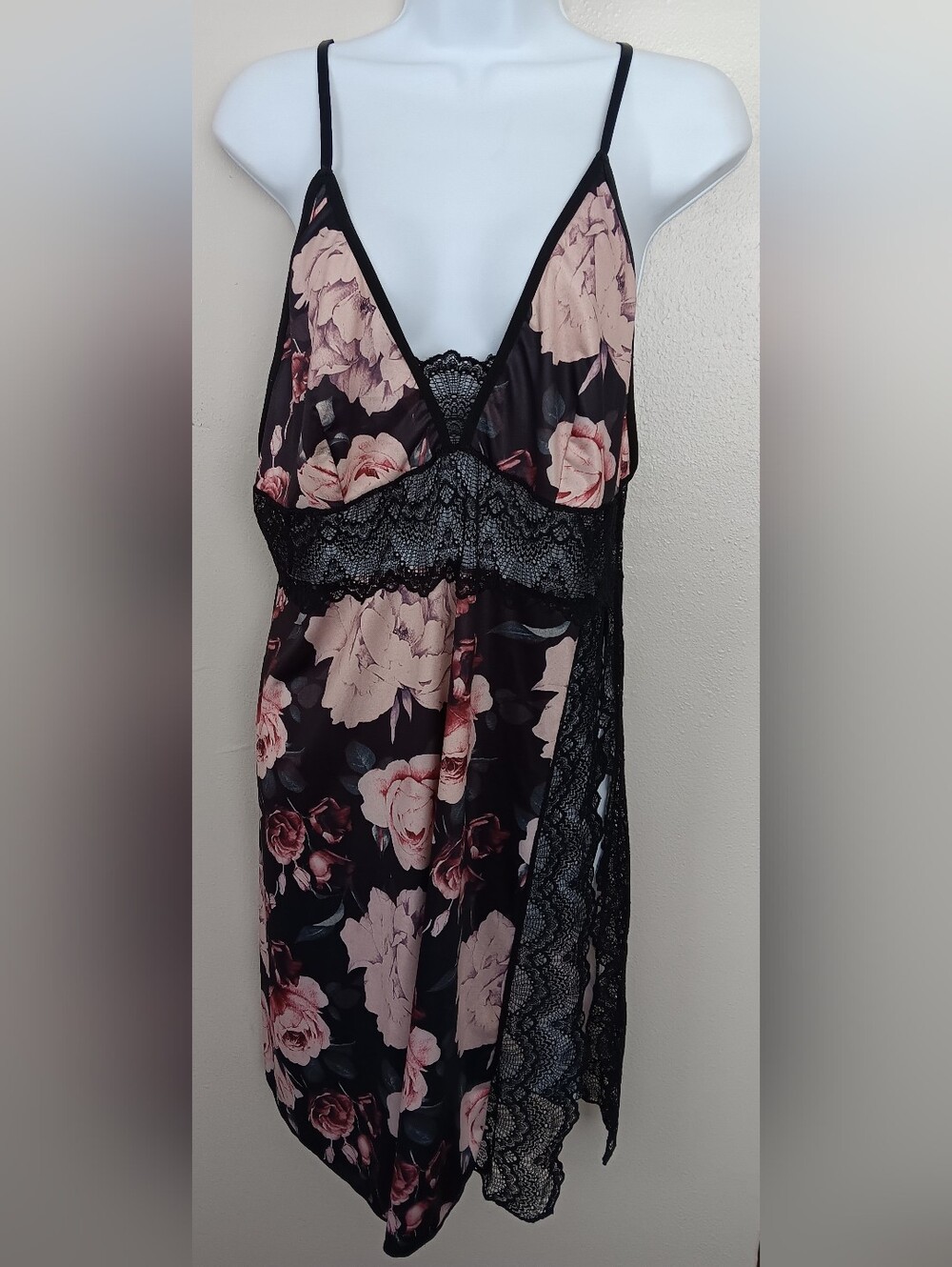 Women's Black Floral Lace Trim Satin Chemise Babydoll  Nightdress Side Slit 1 XL